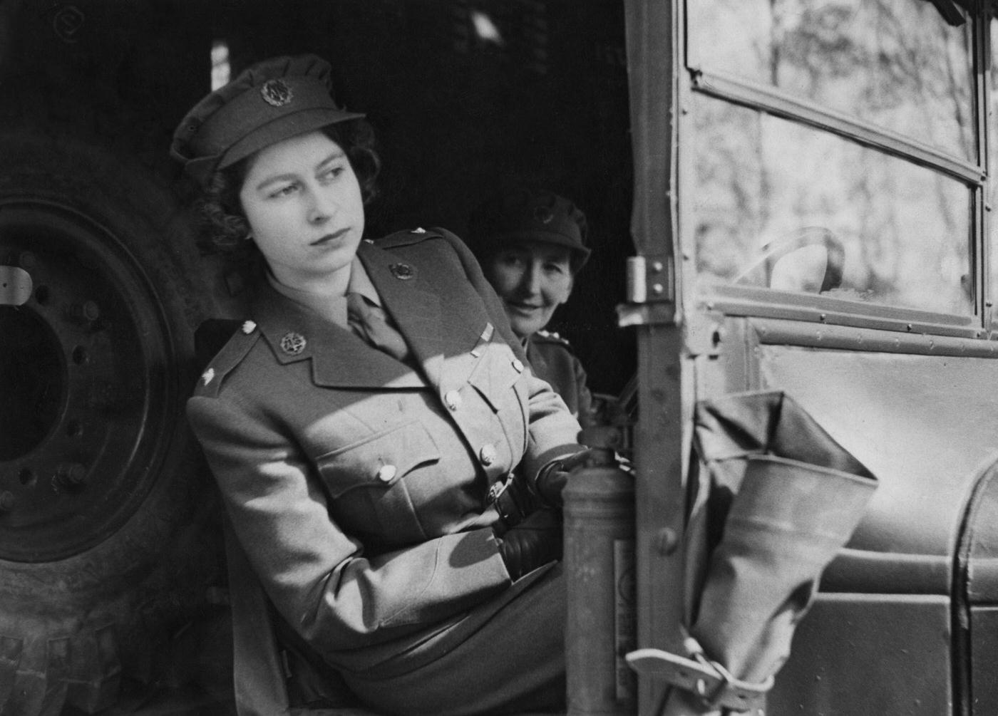 Princess Elizabeth driving an ambulance during her wartime service in the A.T.S. (Auxiliary Territorial Service), 1945