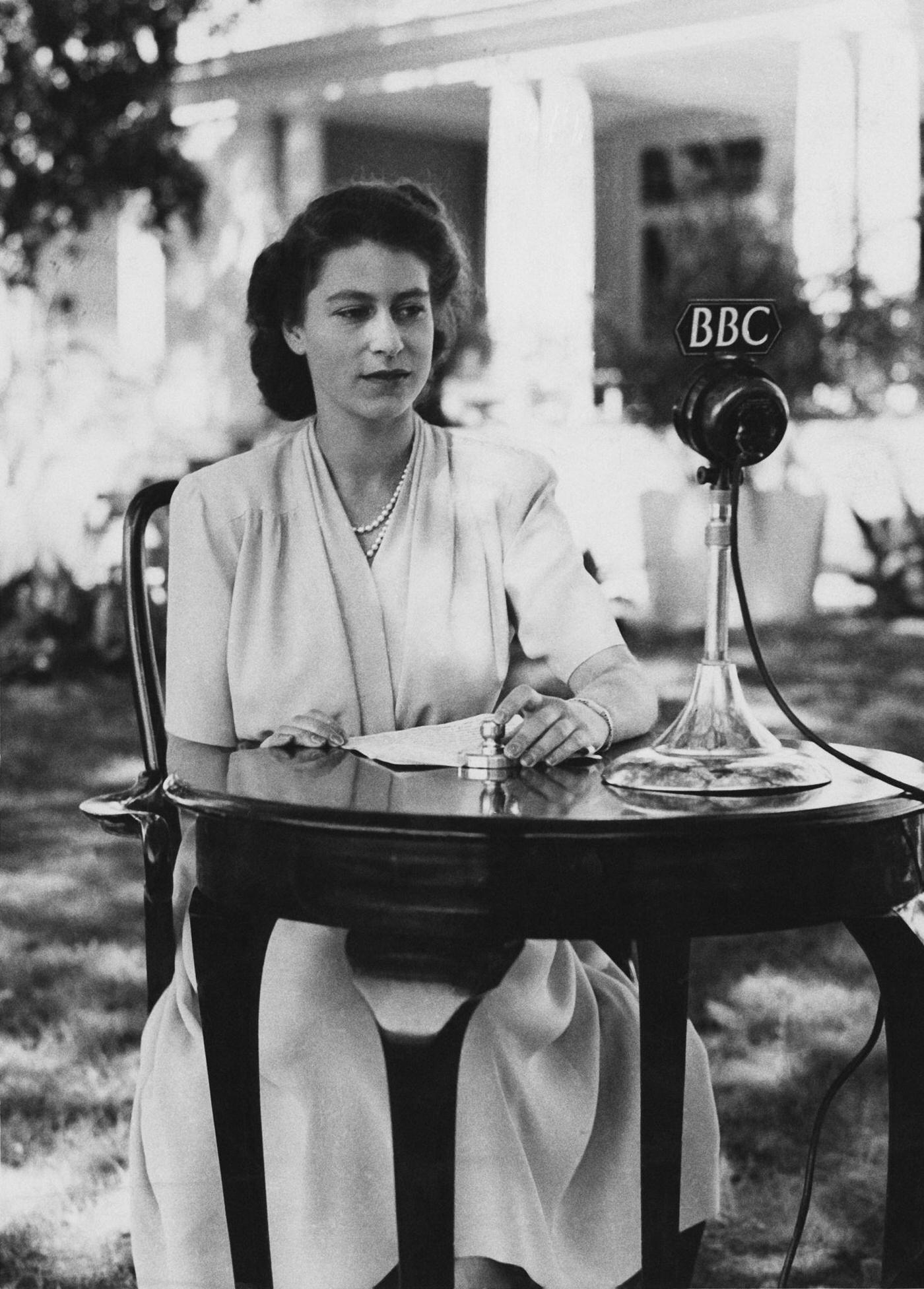 Princess Elizabeth makes a broadcast from the gardens of Government House in Cape Town, South Africa, on the occasion of her 21st birthday, 21 April 1947.