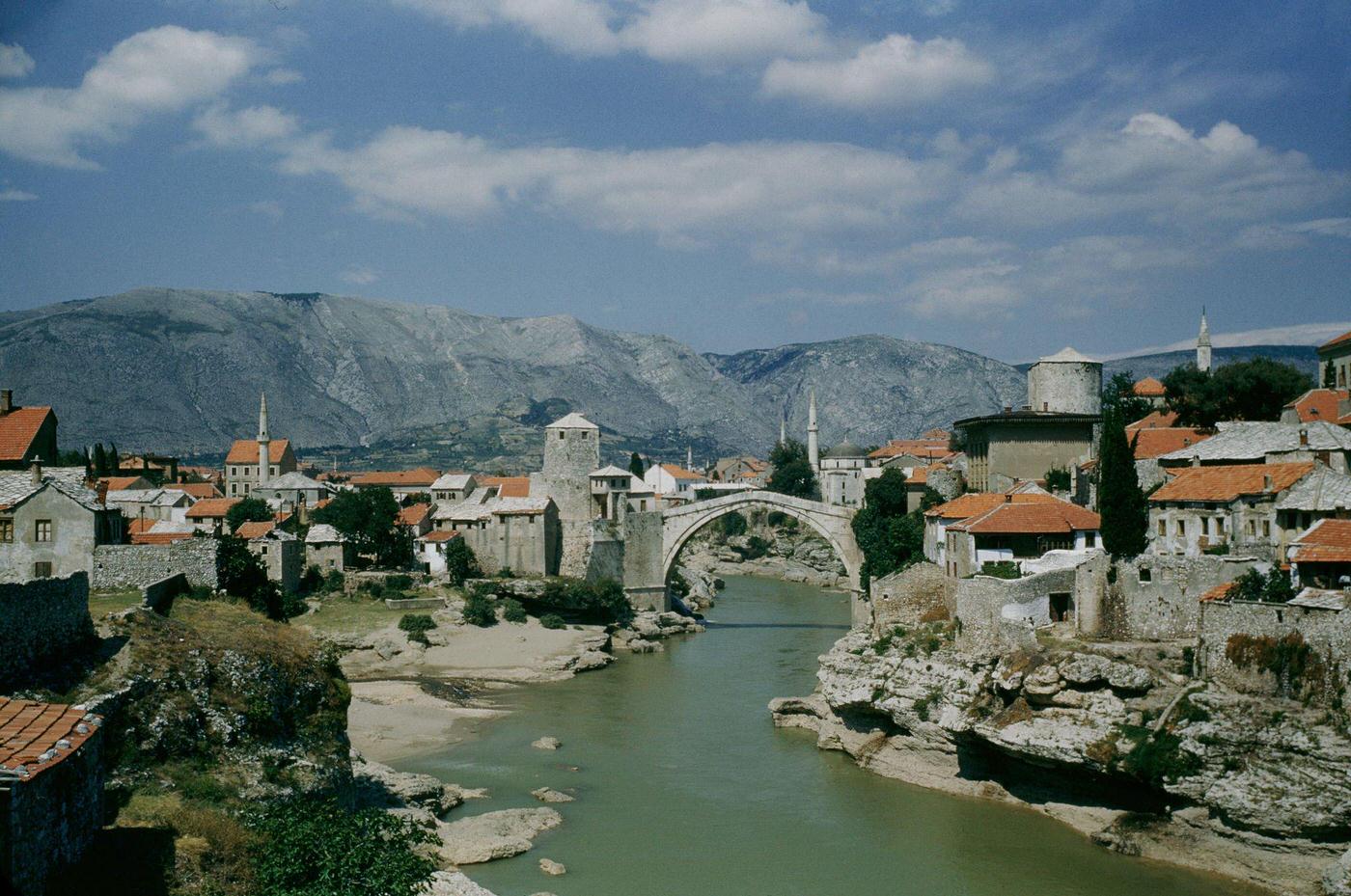 The Stari Most or Old Bridge, a 16th century Ottoman bridge over the River Neretva in Mostar, Bosnia and Herzegovina, 1965