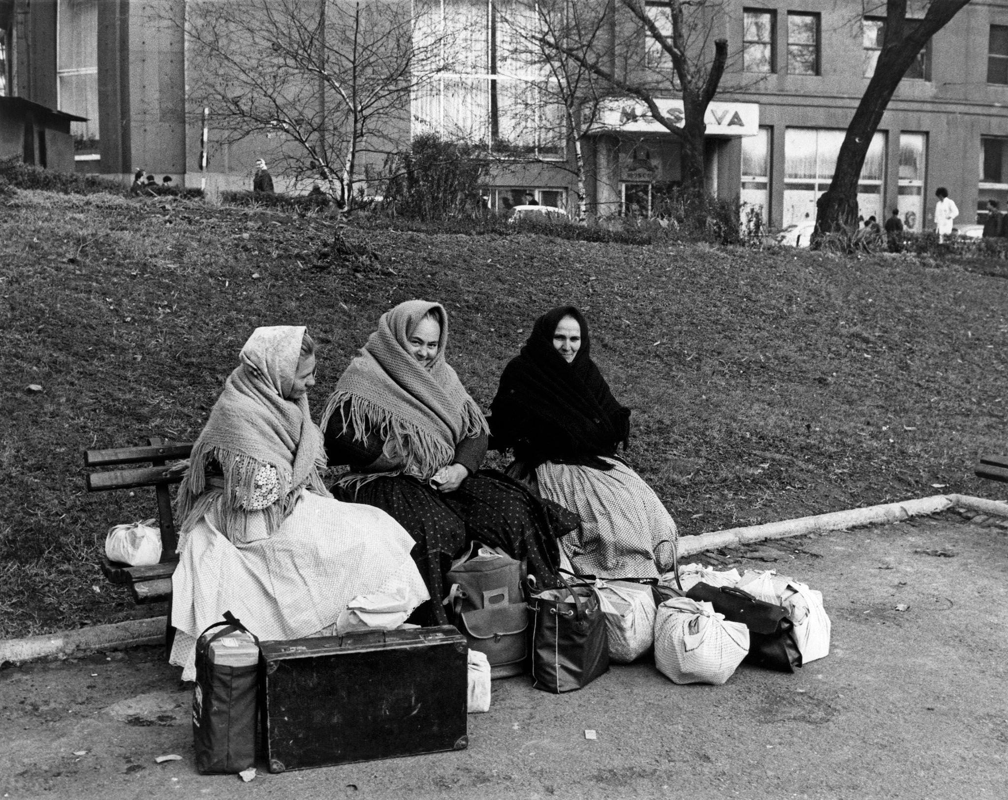 Three elderly Yugoslav women sitting on a bench. Belgrade, 1965