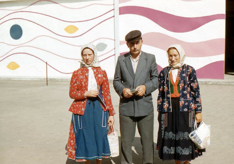 Outside the USA pavilion at the Zagreb Trade Fair, Croatia, Yugoslavia, 1960