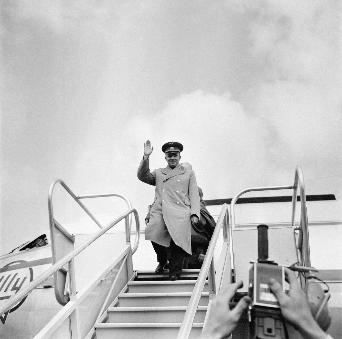 Russian Cosmonaut Yuri Gagarin arriving at Paris Le Bourget Airport to take part in the XIVth Astronautics Conference, 1963