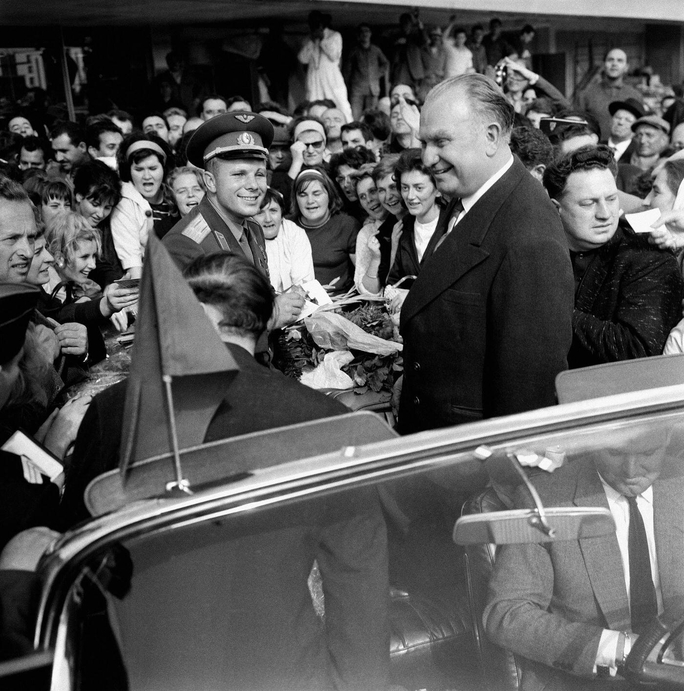 Arrival of Russian cosmonaut Yuri Gagarin at Le Bourget airport, welcomed by Russian ambassador in France Sergei Vinogradov, 1963