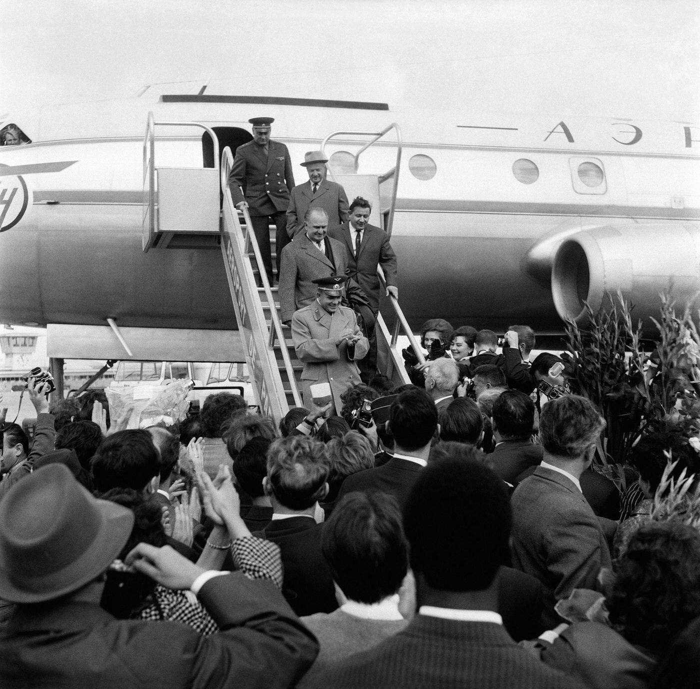 Russian cosmonaut Yuri Gagarin arriving at Le Bourget airport to attend the World Astronautics conference, 1963