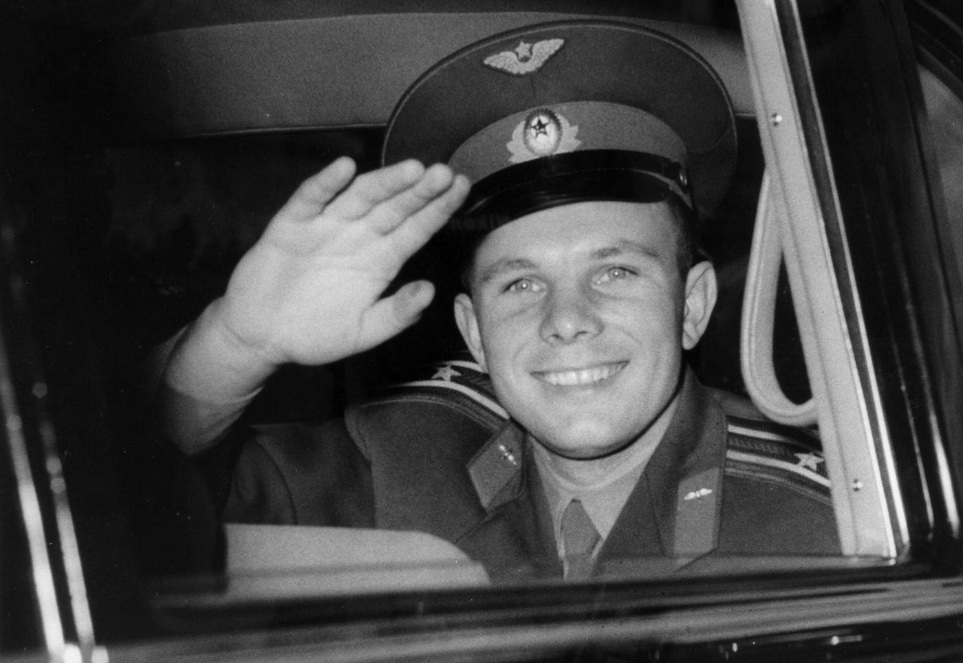 Russian cosmonaut Yuri Gagarin, arriving at Buckingham Palace during his 4 day visit to Great Britain, 1961