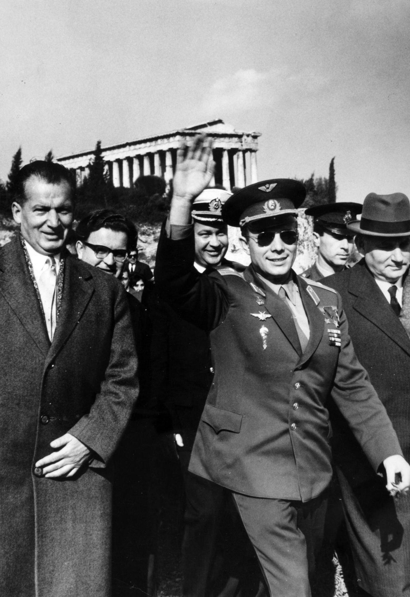 Yuri Gagarin, waving as he tours the historical sights of Greece while on goodwill trip.