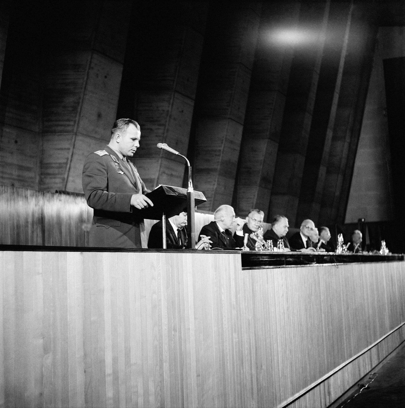 Russian Cosmonaut Yuri Gagarin at the UNESCO Palace during the XIVth Astronautics Conference in Paris, France, 1963