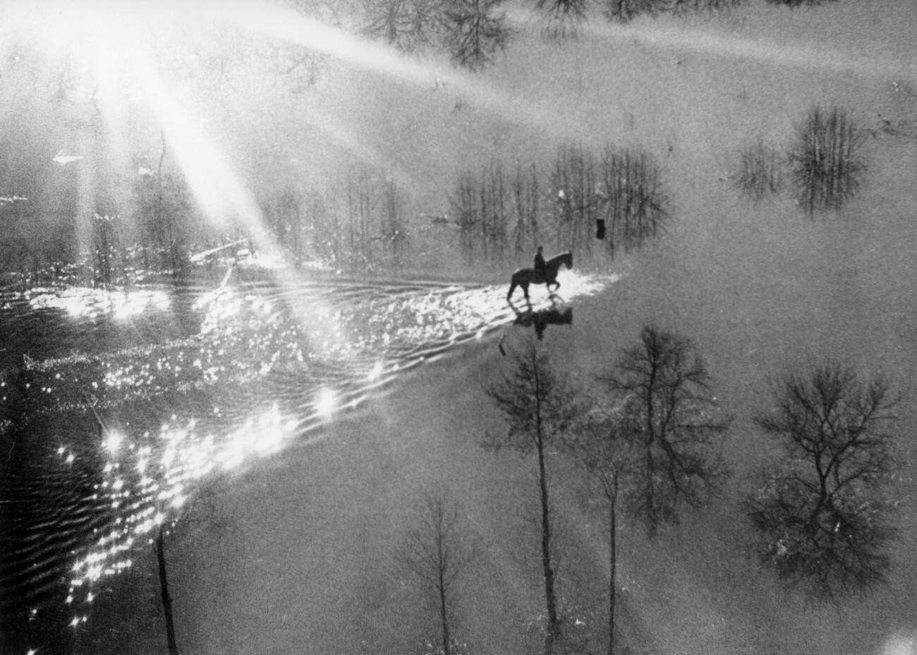 Farmer on horseback searching for his livestock during the North Sea flood of 1962 in Hamburg, West Germany