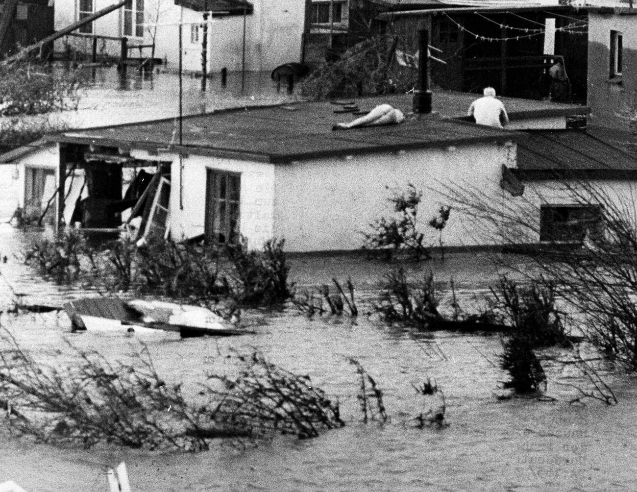 Man carrying the corpse of his wife on a roof after the North Sea flood of 1962 in Hamburg, West Germany