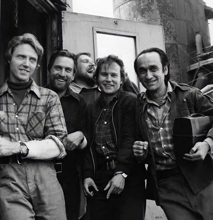 Christopher Walken, Robert De Niro, Chuck Aspegren, John Savage, and John Cazale on the set of The Deer Hunter, 1978