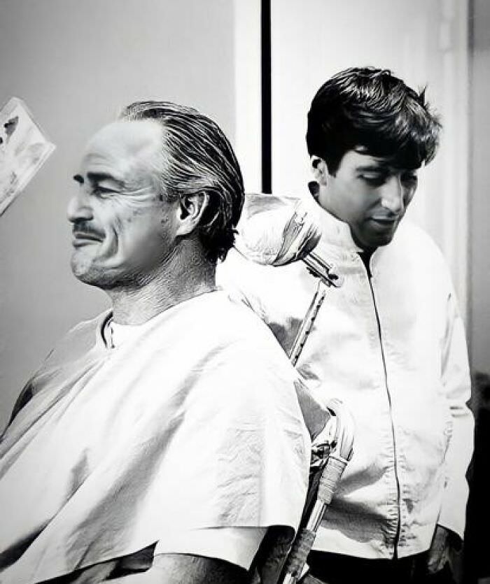 Marlon Brando and Al Pacino on the set of The Godfather, 1972