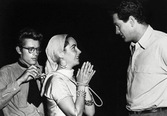 James Dean, Elizabeth Taylor, and Rock Hudson on the set of Giant in 1955