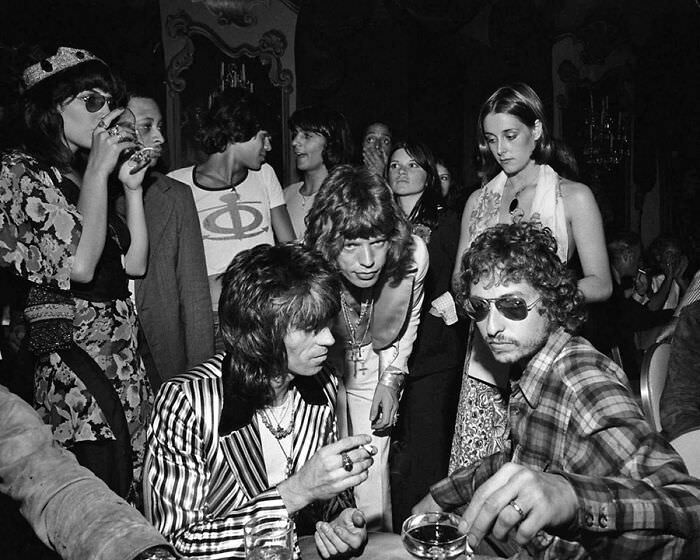 Mick Jagger, Keith Richards, and Bob Dylan