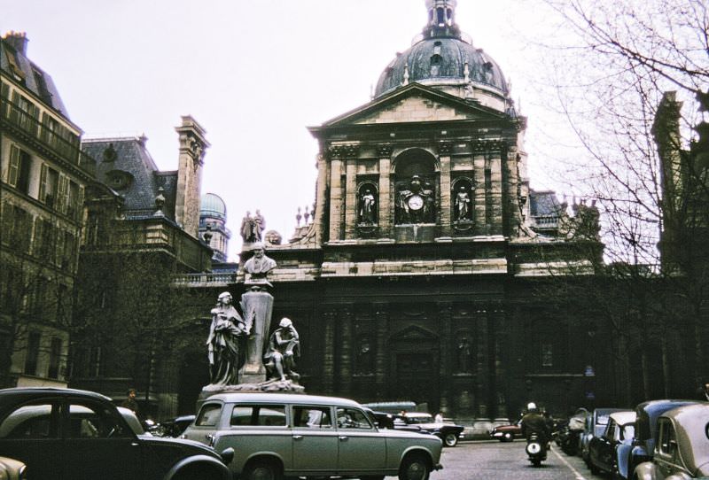 Bust of Auguste Comte and Chapel of the Sorbonne, Place de la Sorbonne, Paris.