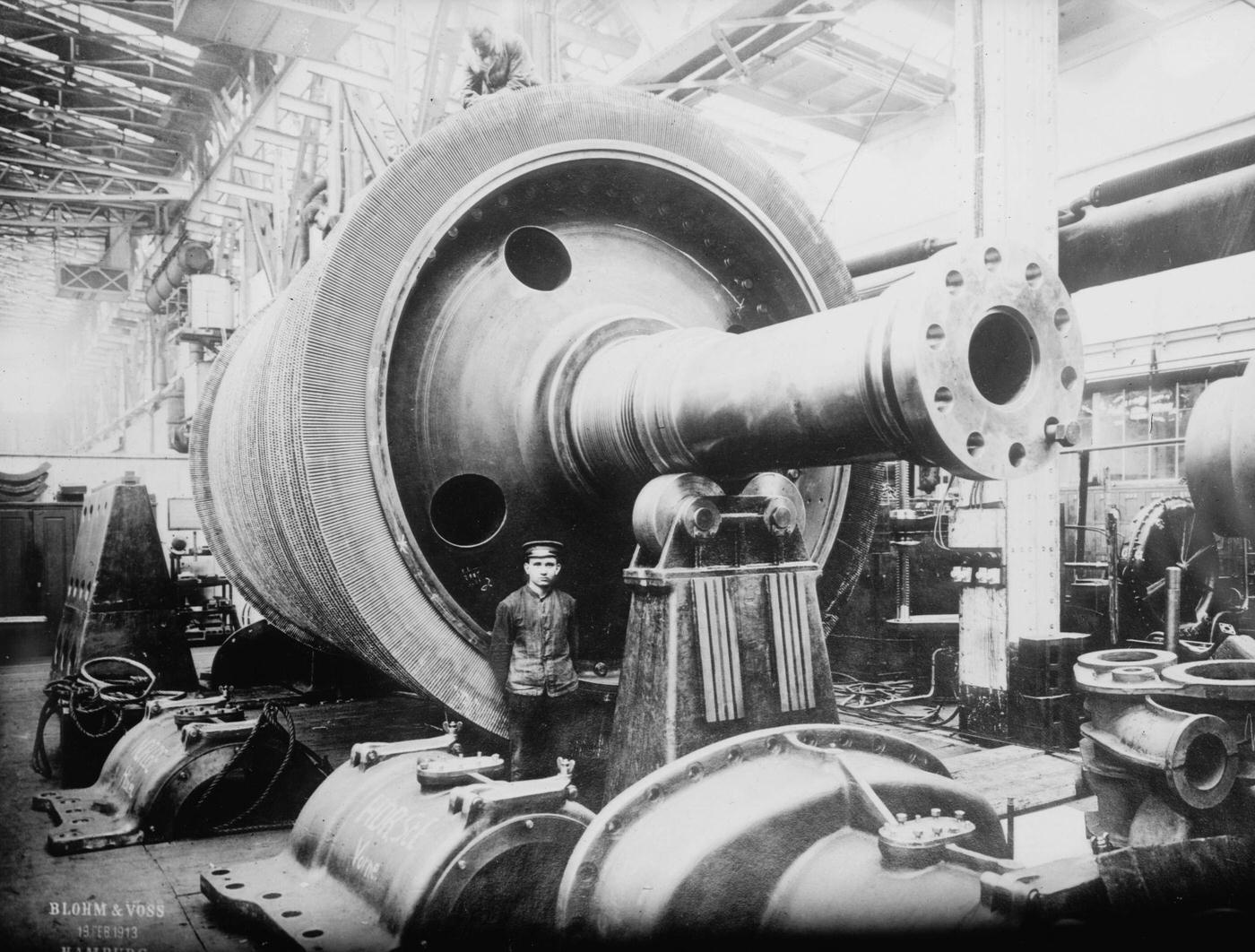 Preparation of the turbine that drove the Hamburg-American Line's Vaterland, the largest passenger ship of its day, 1912