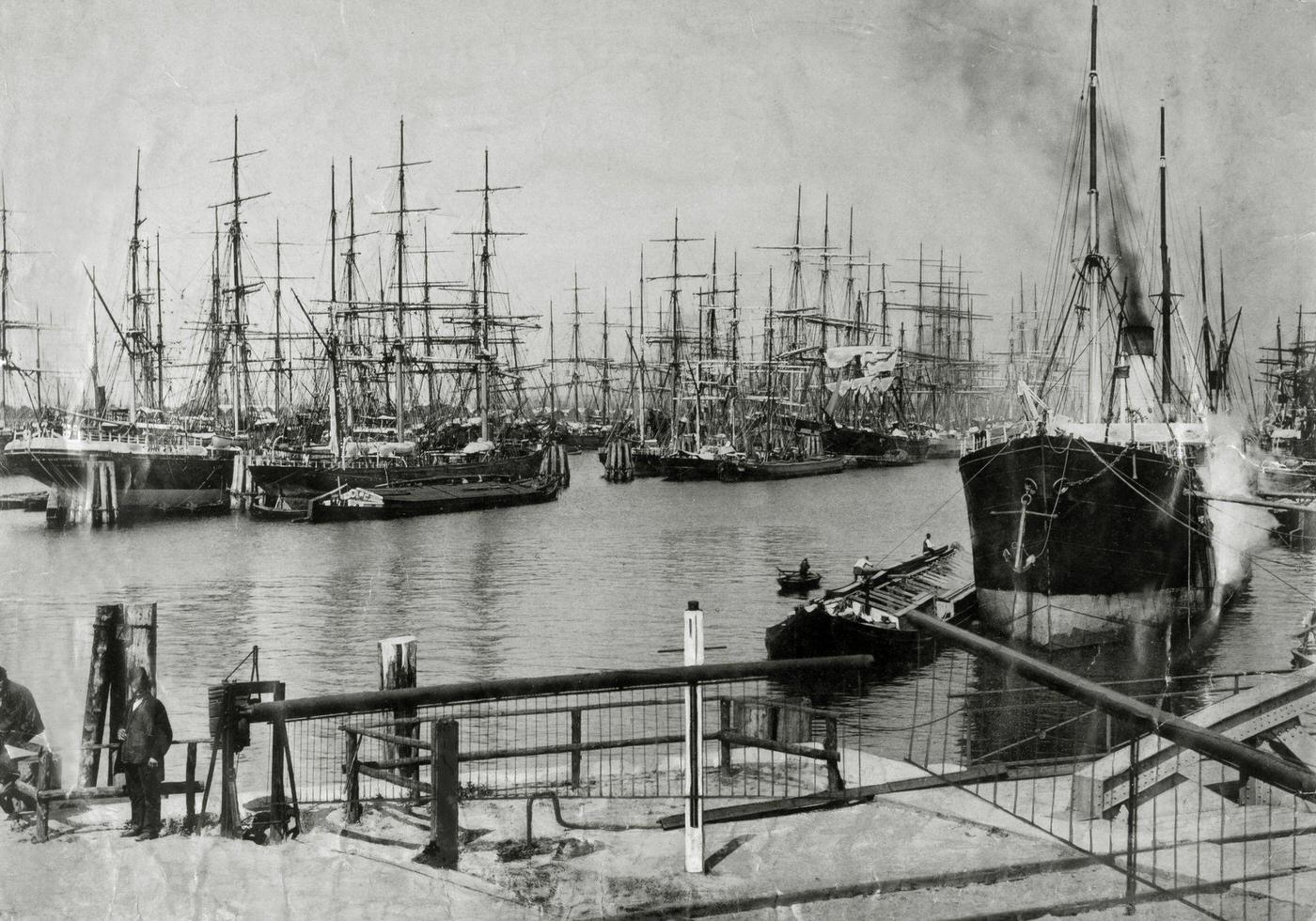 Sailing vessels in the port of Hamburg, Germany, 1910