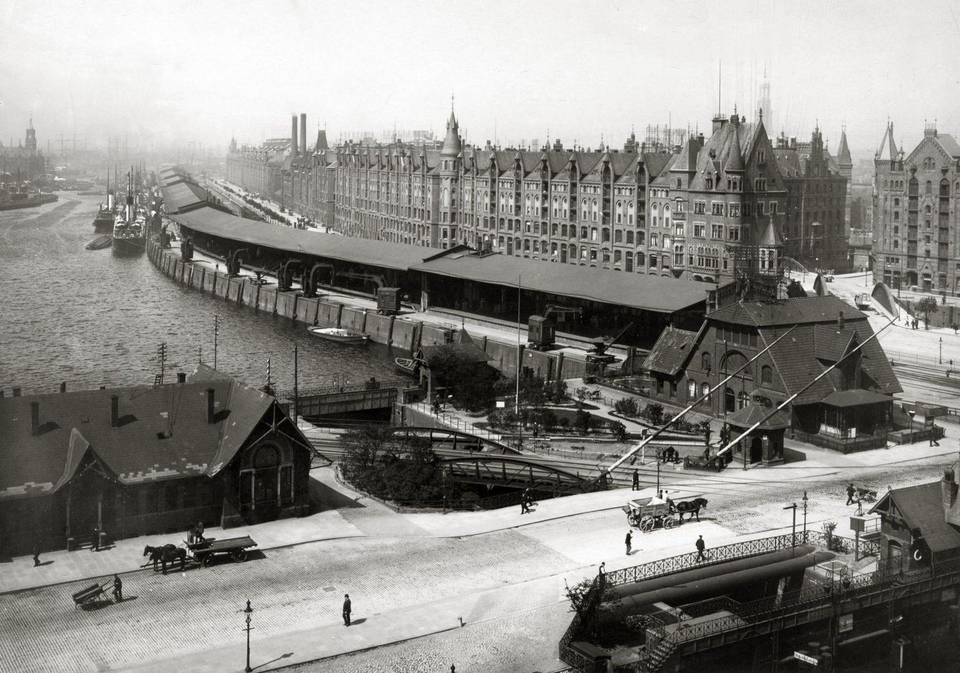 A view of the Free Harbour in Hamburg, Germany showing the Sandtor Quay, 1910