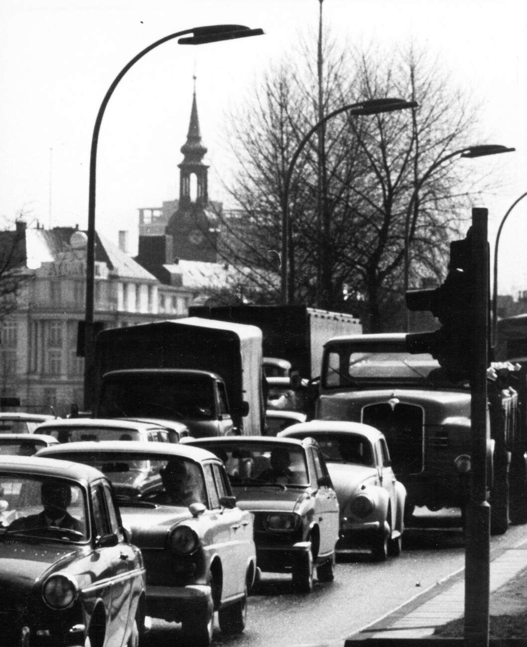 A traffic jam in Hamburg, Germany on An der Alster street in 1970.