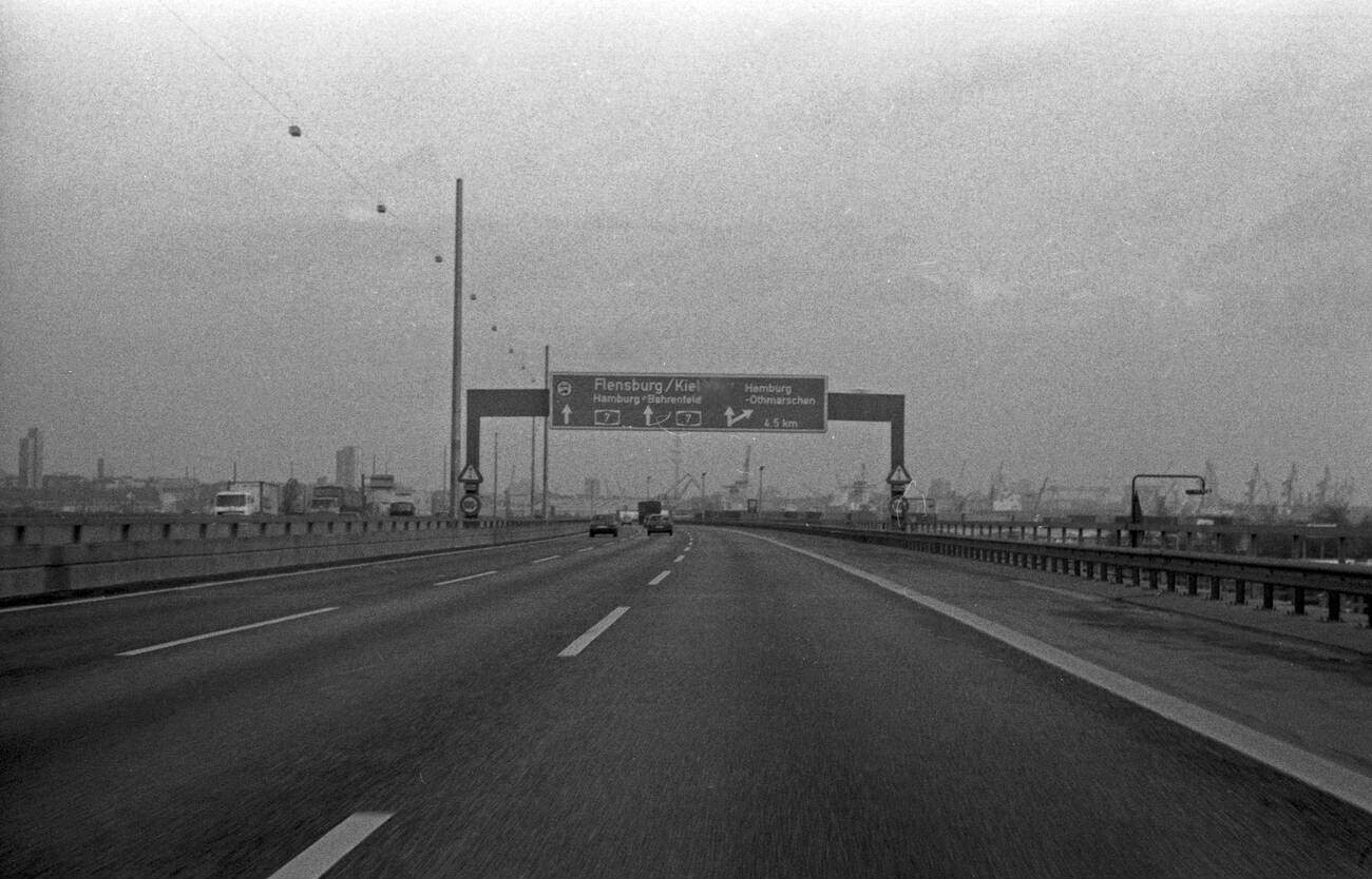 On the way to and through the tunnel under the river Elbe at Hamburg, Germany in the 1970s.