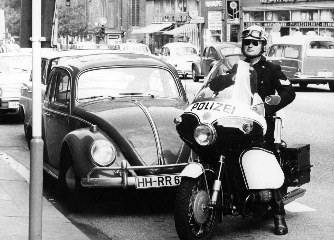 A traffic police officer on a motorcycle in Hamburg, Germany in the 1970s.