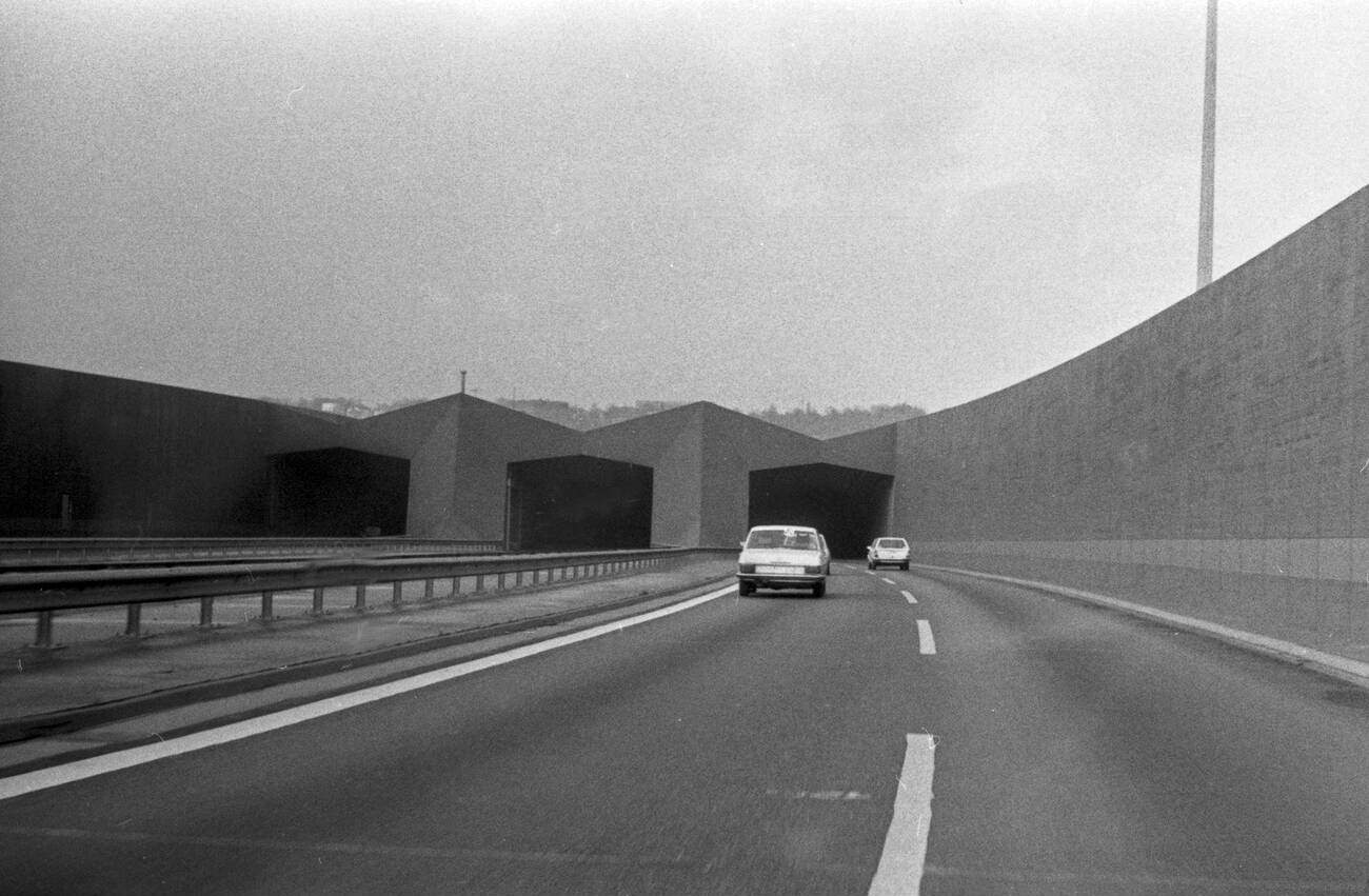 On the way to and through the tunnel under the river Elbe at Hamburg, Germany in the 1970s.