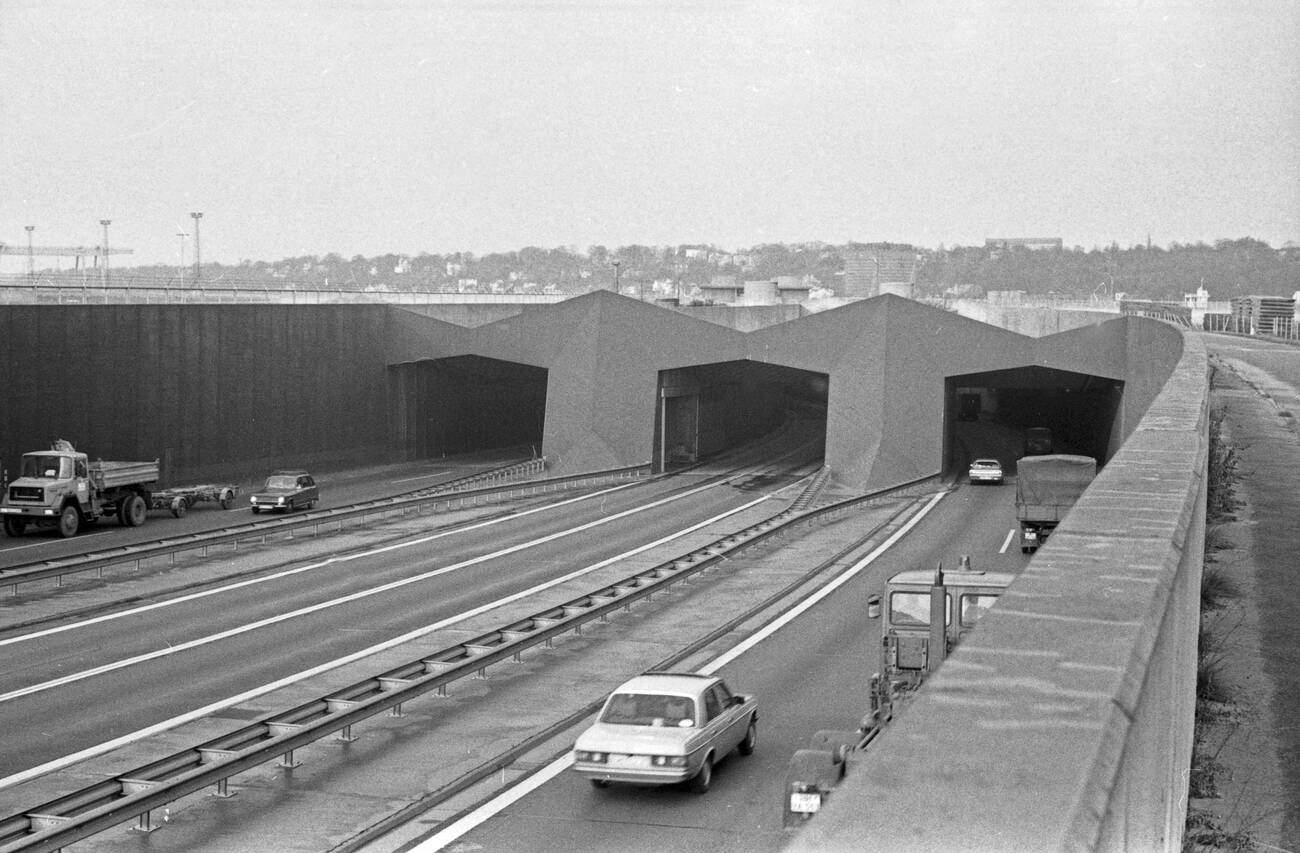 On the way to and through the tunnel under the river Elbe at Hamburg, Germany in the 1970s.