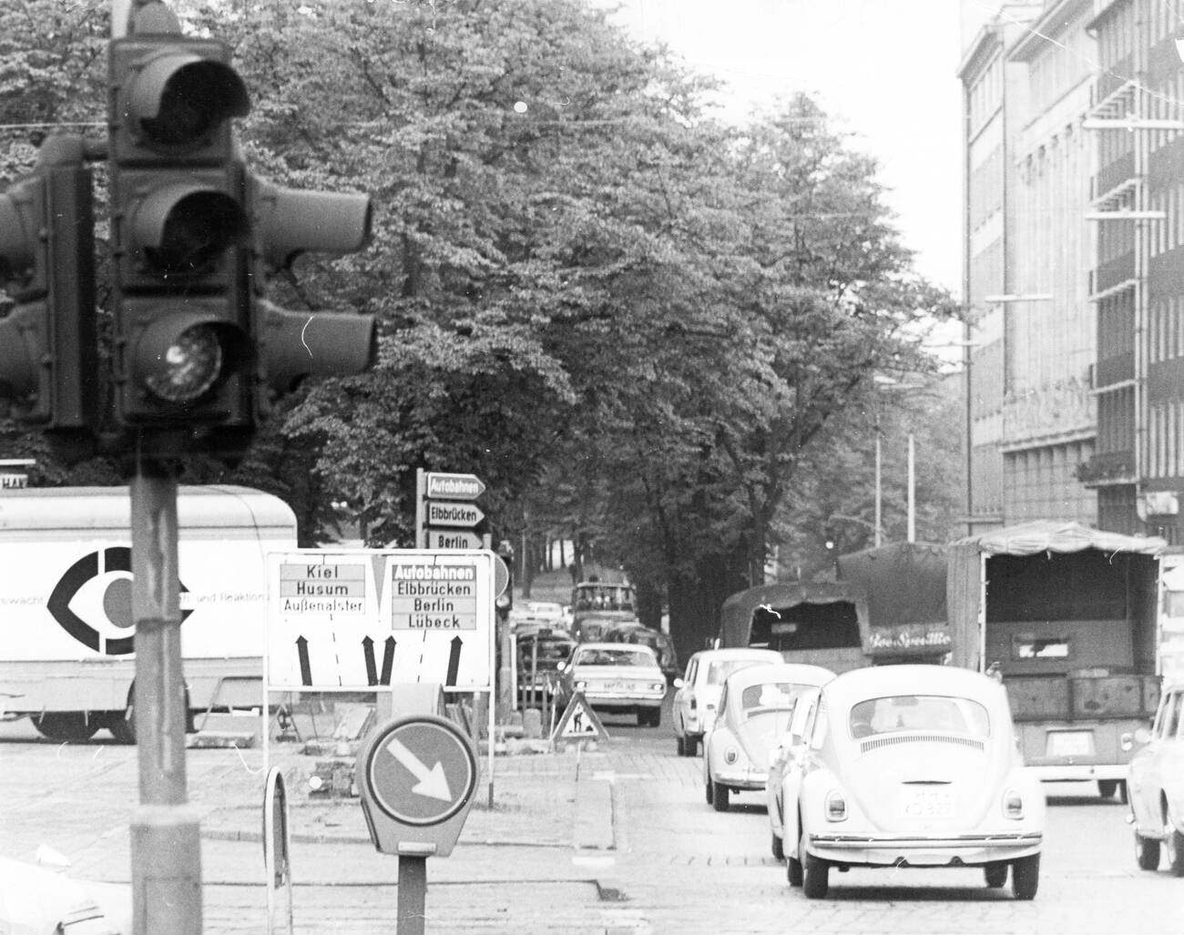 Traffic in the inner city of Hamburg, Germany in the 1970s.