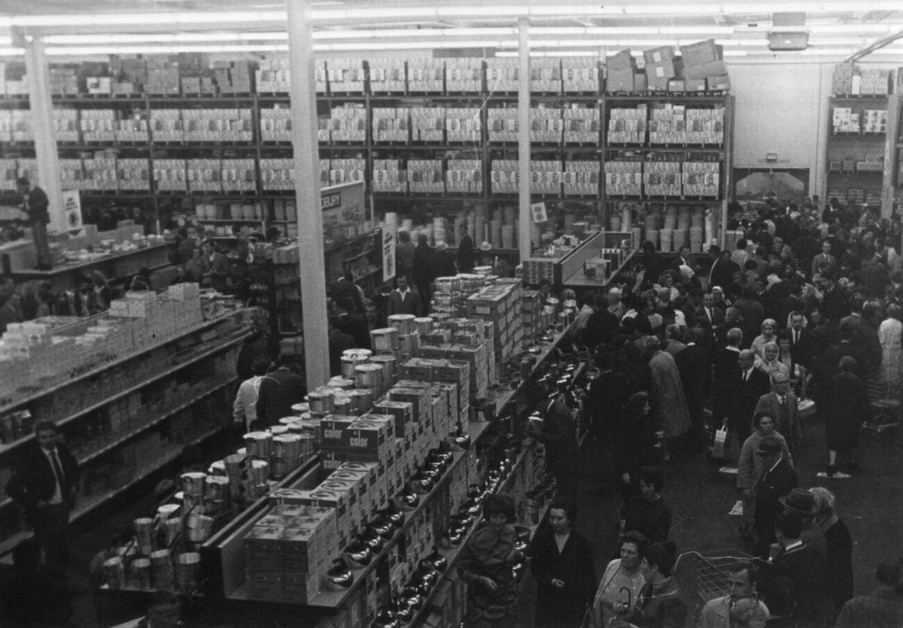 Trade: A supermarket in Hamburg, Germany, circa 1970.