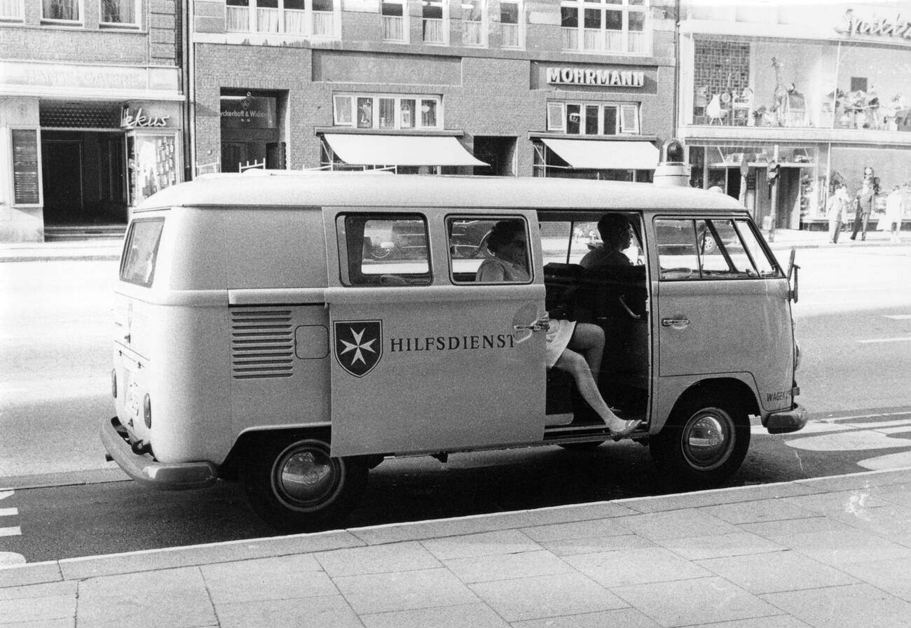 Volkswagen VW T2 minibus of the Maltese Ambulance Corps in Hamburg, Germany in 1972.