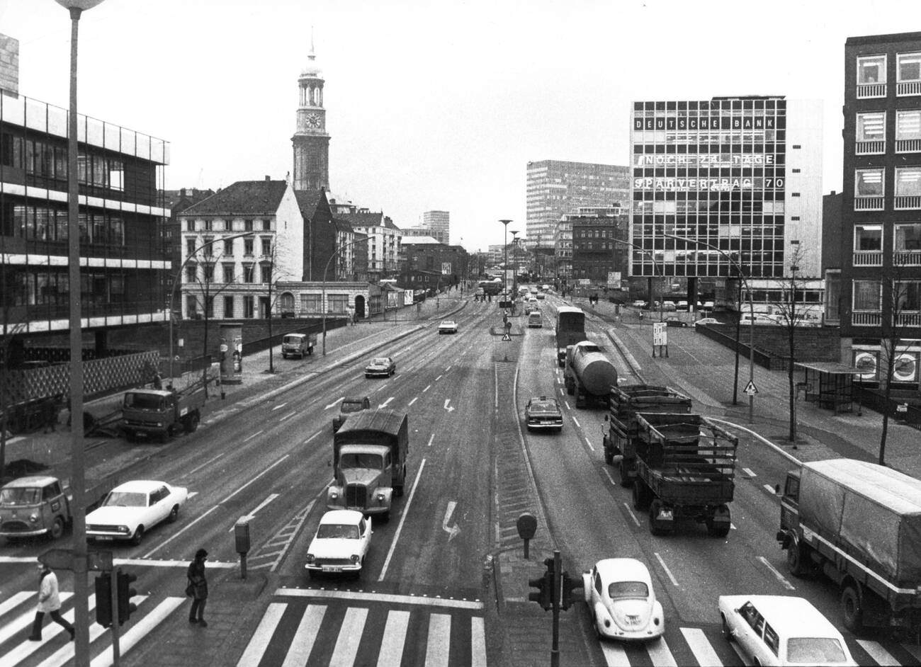 A view of Ludwig-Erhard-Strasse in Hamburg, Germany in 1970.