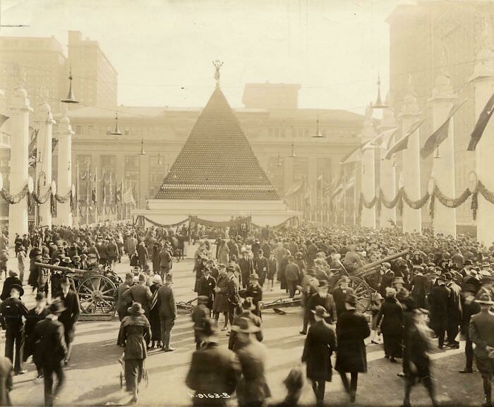 Celebrating Victory: Pyramid of German Helmets in Grand Central, New York