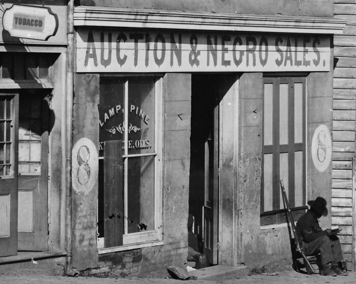 George N. Barnard's 1864 photograph of a slave trader's business on Whitehall Street, Atlanta, Georgia