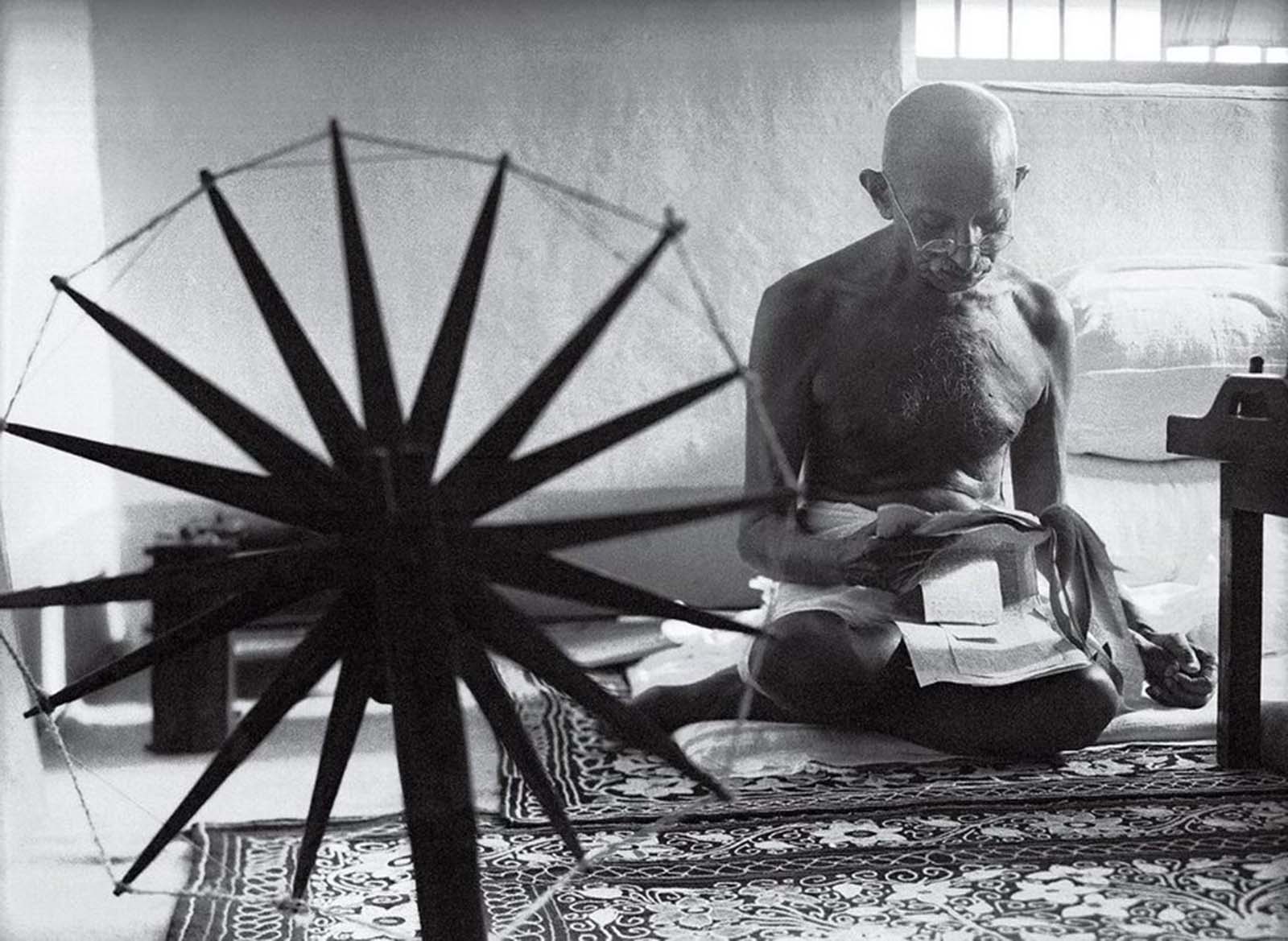 Gandhi And The Spinning Wheel, 1946