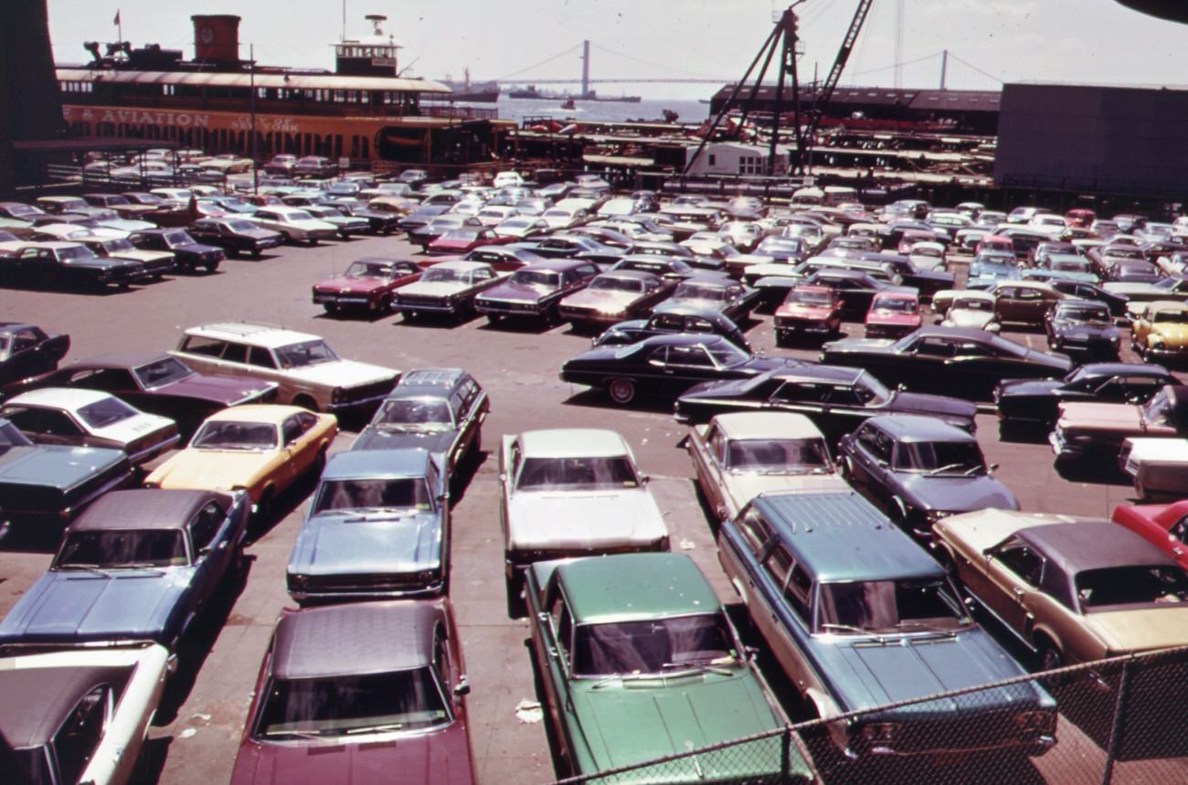 Parking lot at ferry dock on staten island.1973