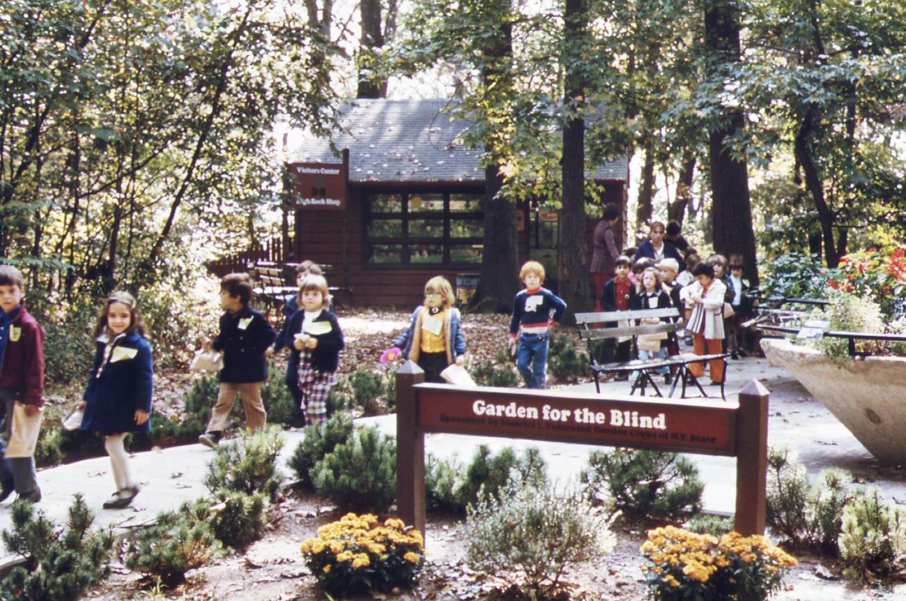 High rock park, in staten island, has nature trails, wildlife preserves, and a garden for the blind. School children are frequent visitors. The group shown here is from ps 163, new york city, 1970s