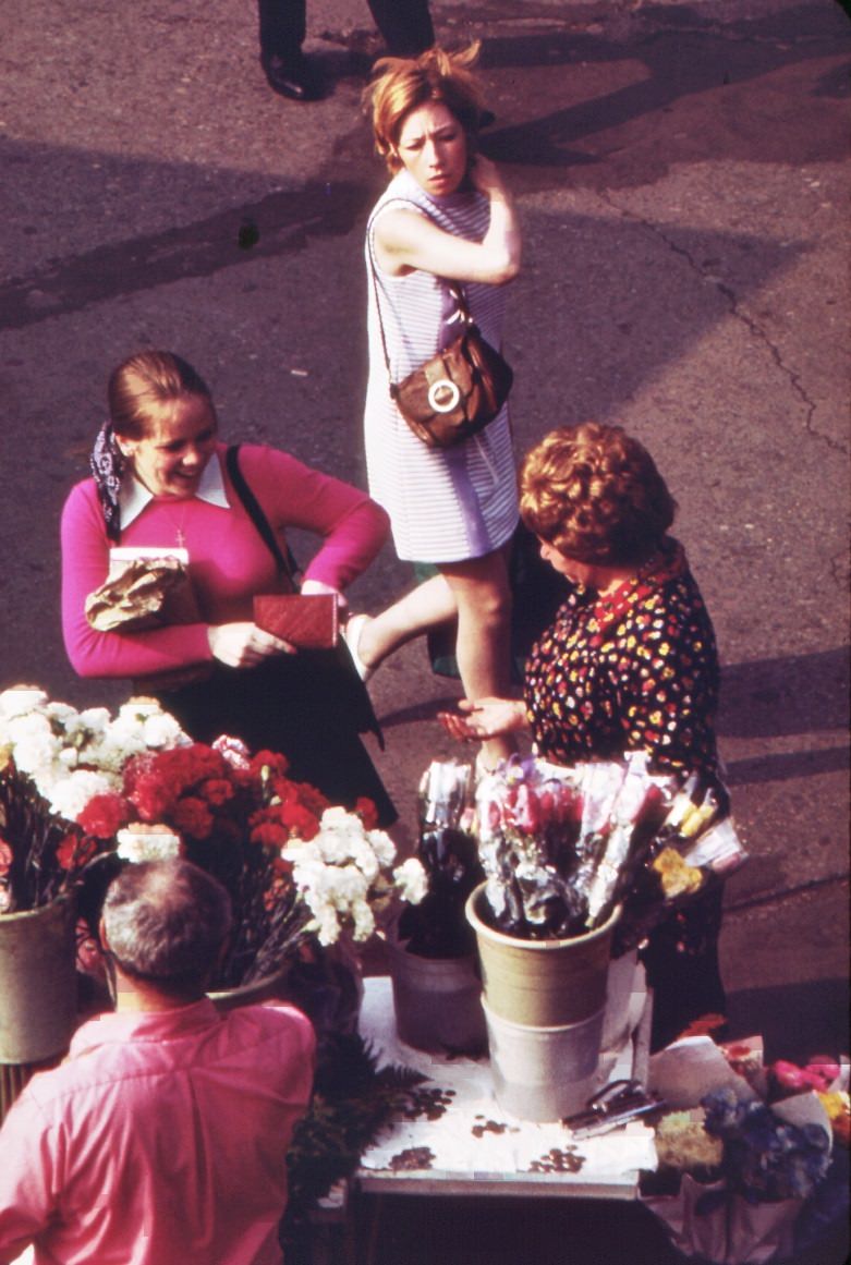 Flower sellers at the staten island ferry terminal, 1970s