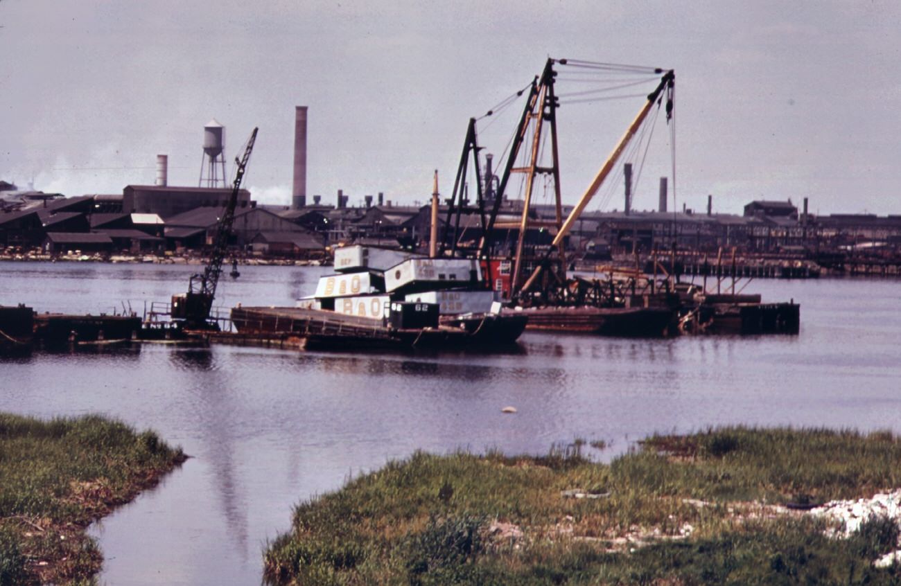 Arthur kill road on, looking north. This is an area of high density petrochemical shipping and industry, with an attendant high level of pollution, 1970s
