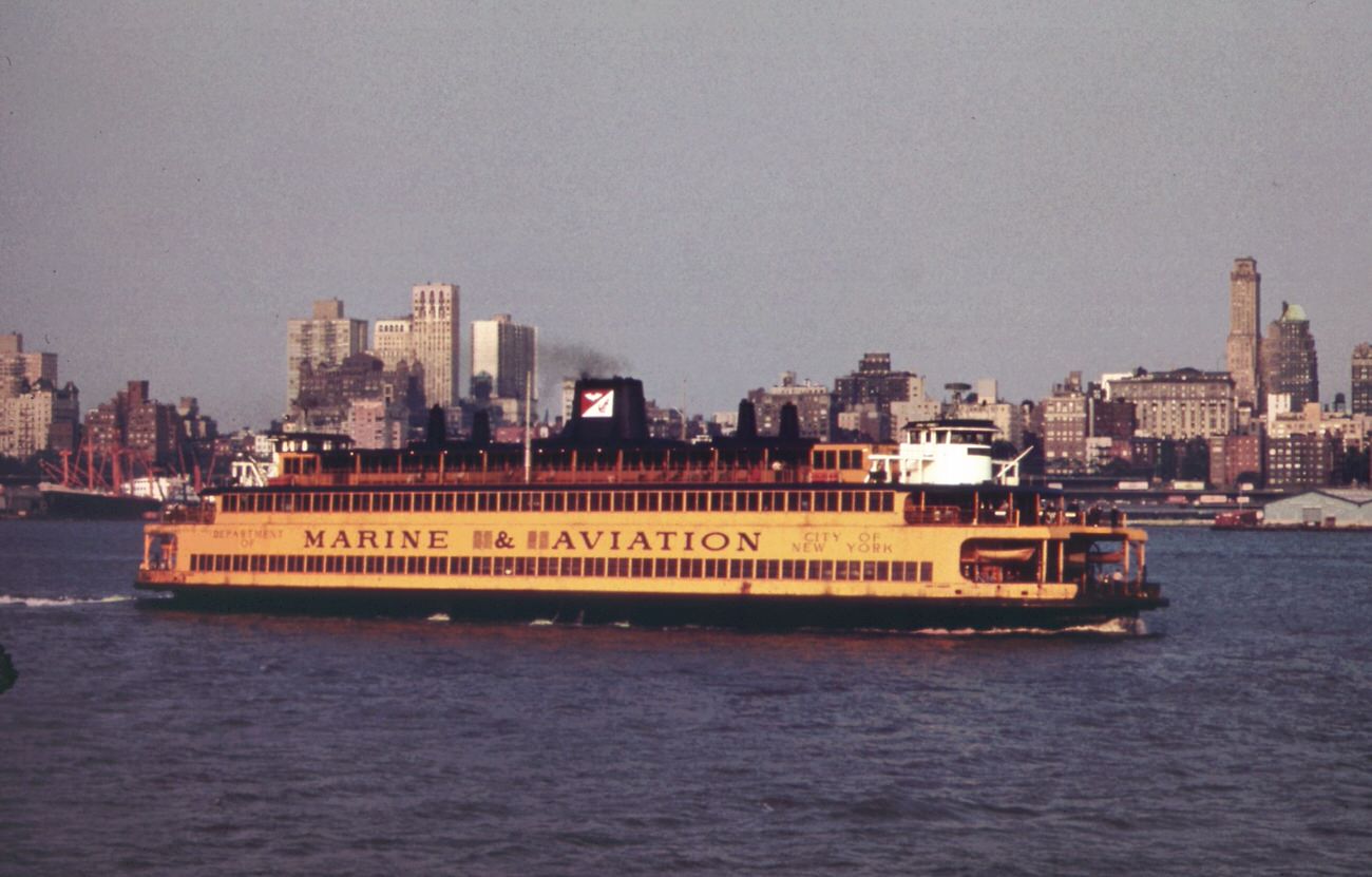 The staten island ferry in new york harbor's upper bay, 1970s