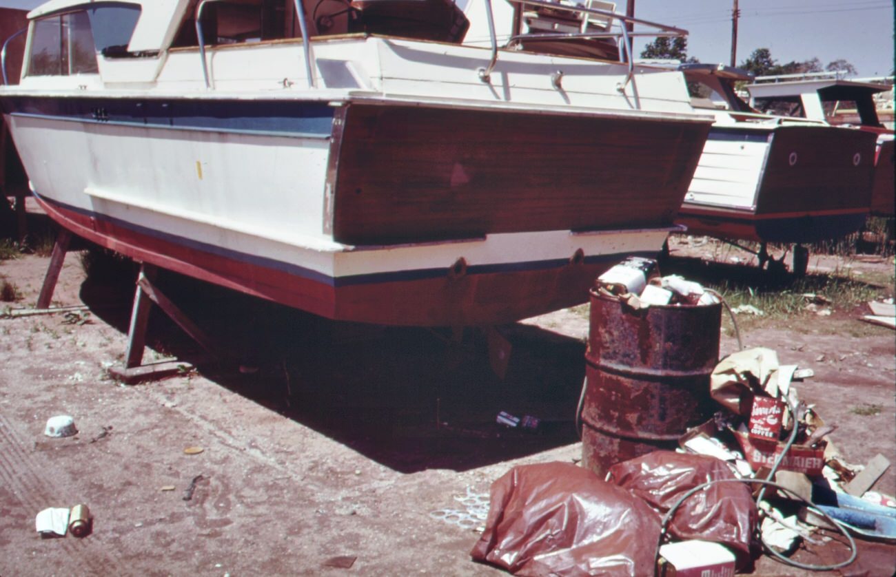 Great kills park marina on staten island creates a garbage problem, 1970s