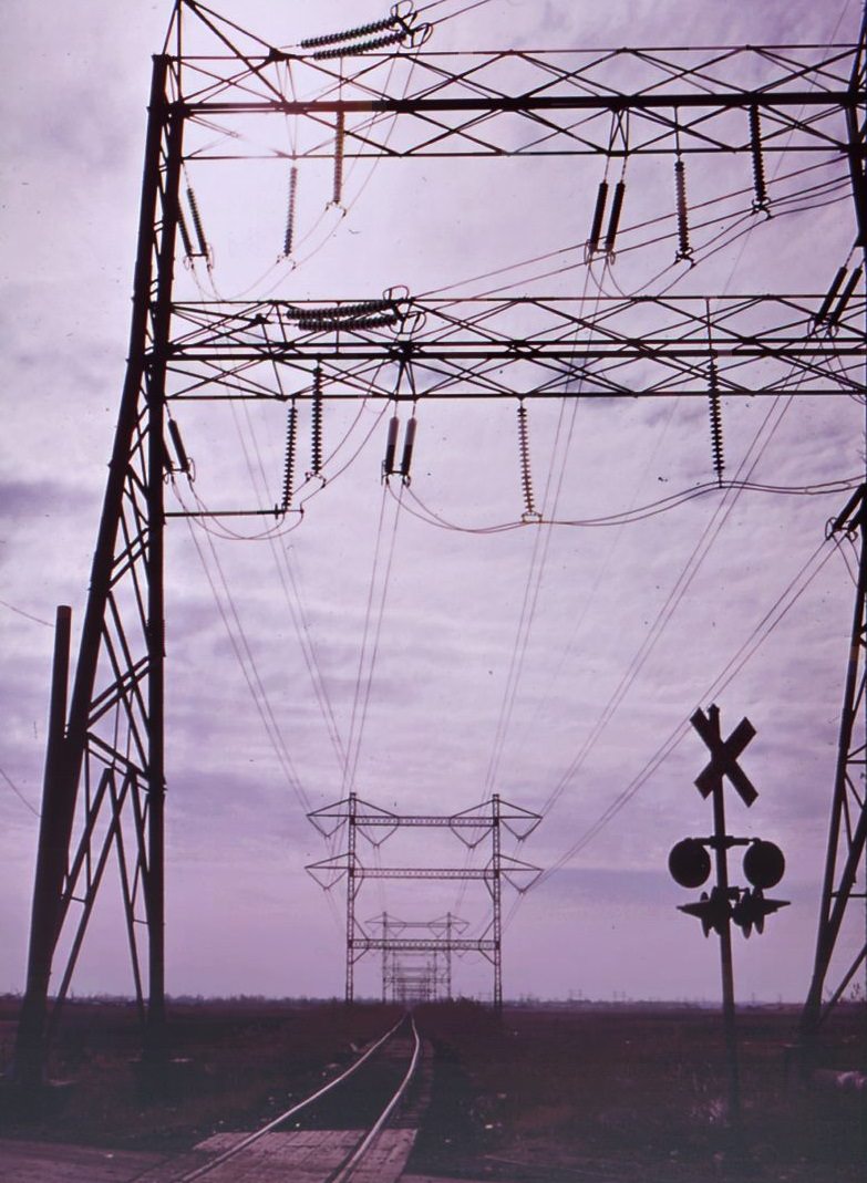 Transmission lines of electrical power station built on marshlands of staten island, 1970s