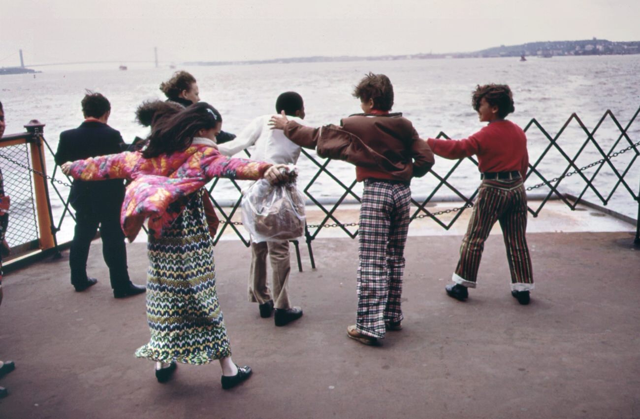 School excursion on the staten island ferry, crossing upper new york bay, 1970s