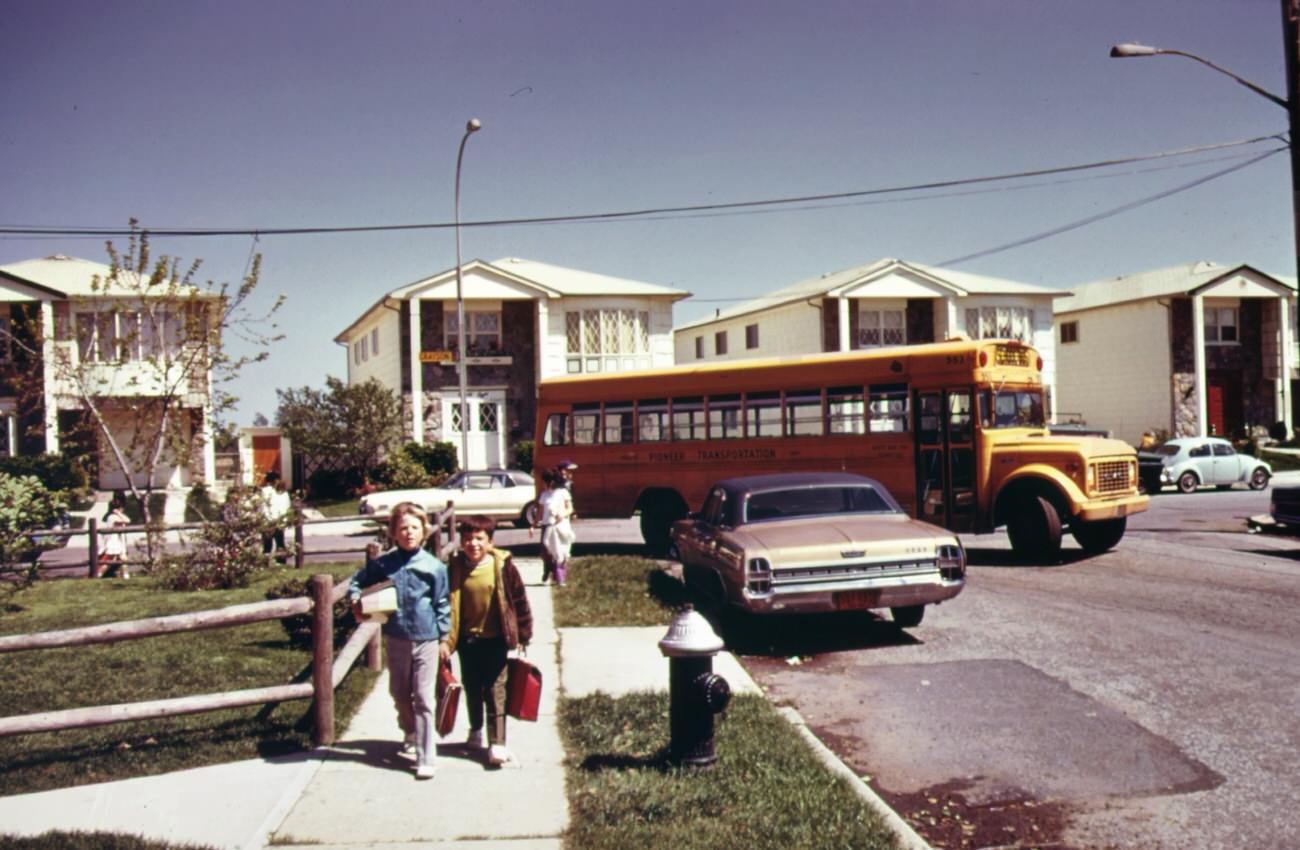 School children on their way home in great kills, on staten island, 1970s