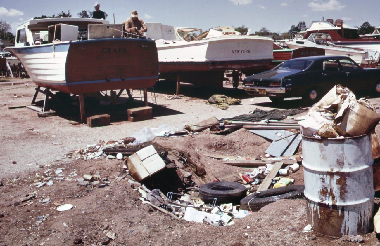 Marina at great kills park on staten island has created a waste disposal and littering problem, 1970s