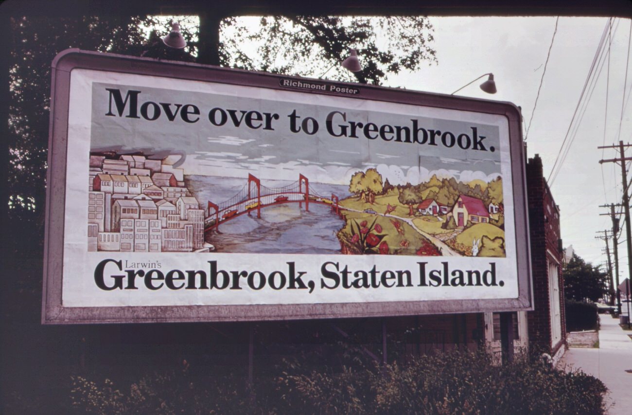 "cross the verrazano-narrows bridge and find good living in staten island"-a theme of the developers, 1970s