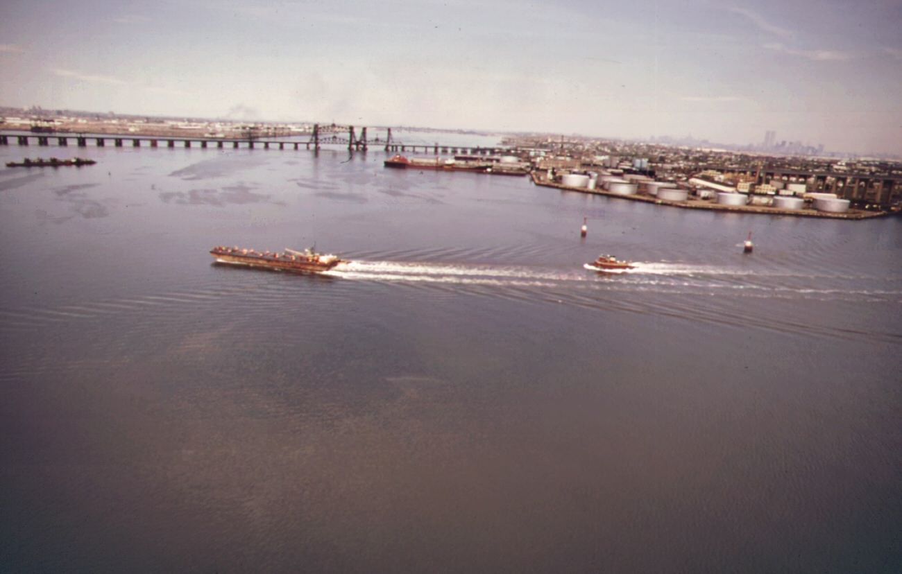 Kill van kull with bayonne in the background. Kill van kull is the body of water bounding staten island to the north, 1970s