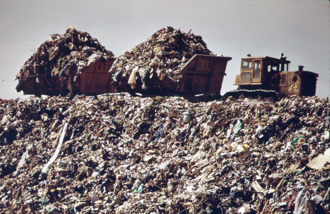 At staten island landfill. Carts heaped with garbage brought by barge from manhattan are about to dump their loads at outer edges of landfill area, 1970s