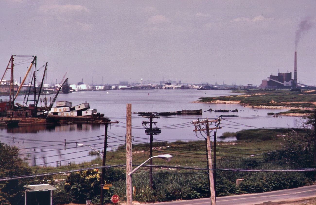 Arthur kill road on staten island, looking north. This is an area of high density petrochemical shipping and industry, with an attendant high level of pollution, 1970s