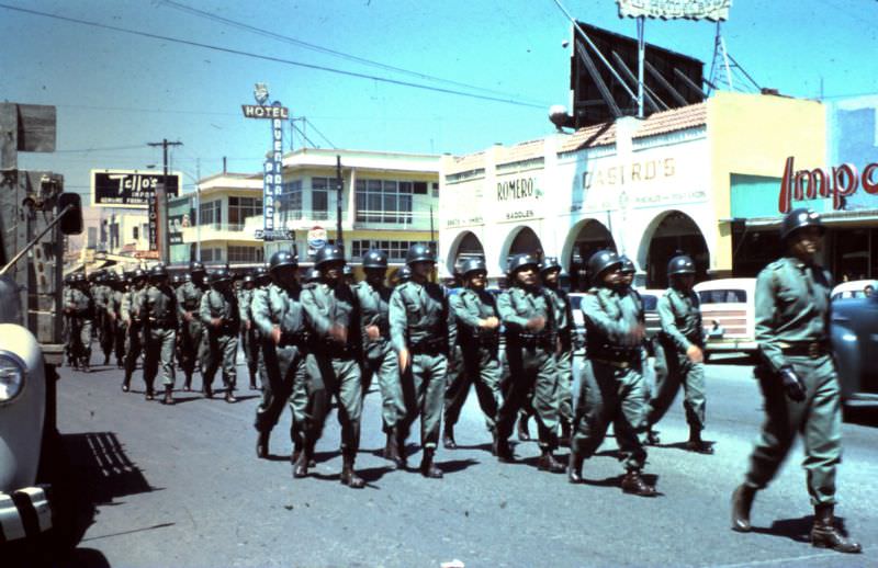Mexican army on parade, Tijuana, Mexico, 1960