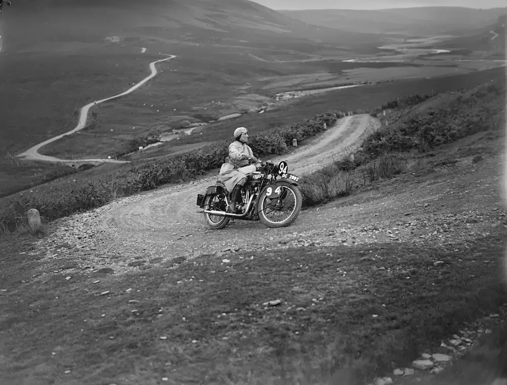 A woman rider in the six days motorcycle trial, in which competitors have to cover 200 miles a day over rough terrain, 1933.