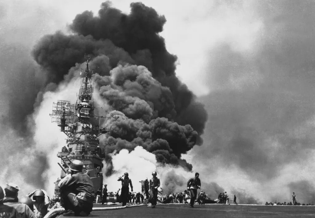 USS Bunker Hill After Kamikaze Attacks, 1945
